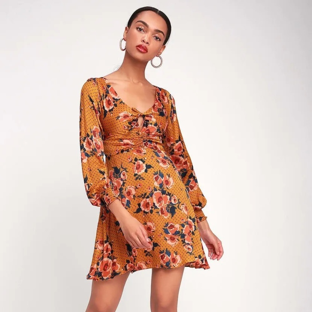 Free People Morning Light Orange/ Yellow Floral Print Mini Dress US 10